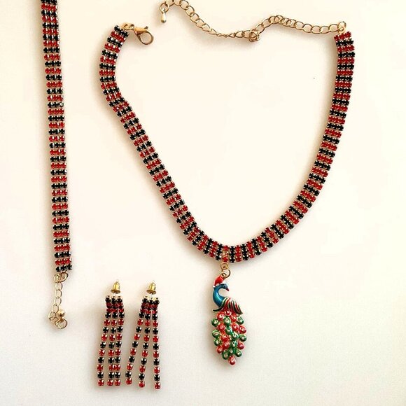 NEW PEACOCK SANTA RHINESTONE CHOKER, BRACELET & EARRINGS HOLIDAY - Picture 1 of 9